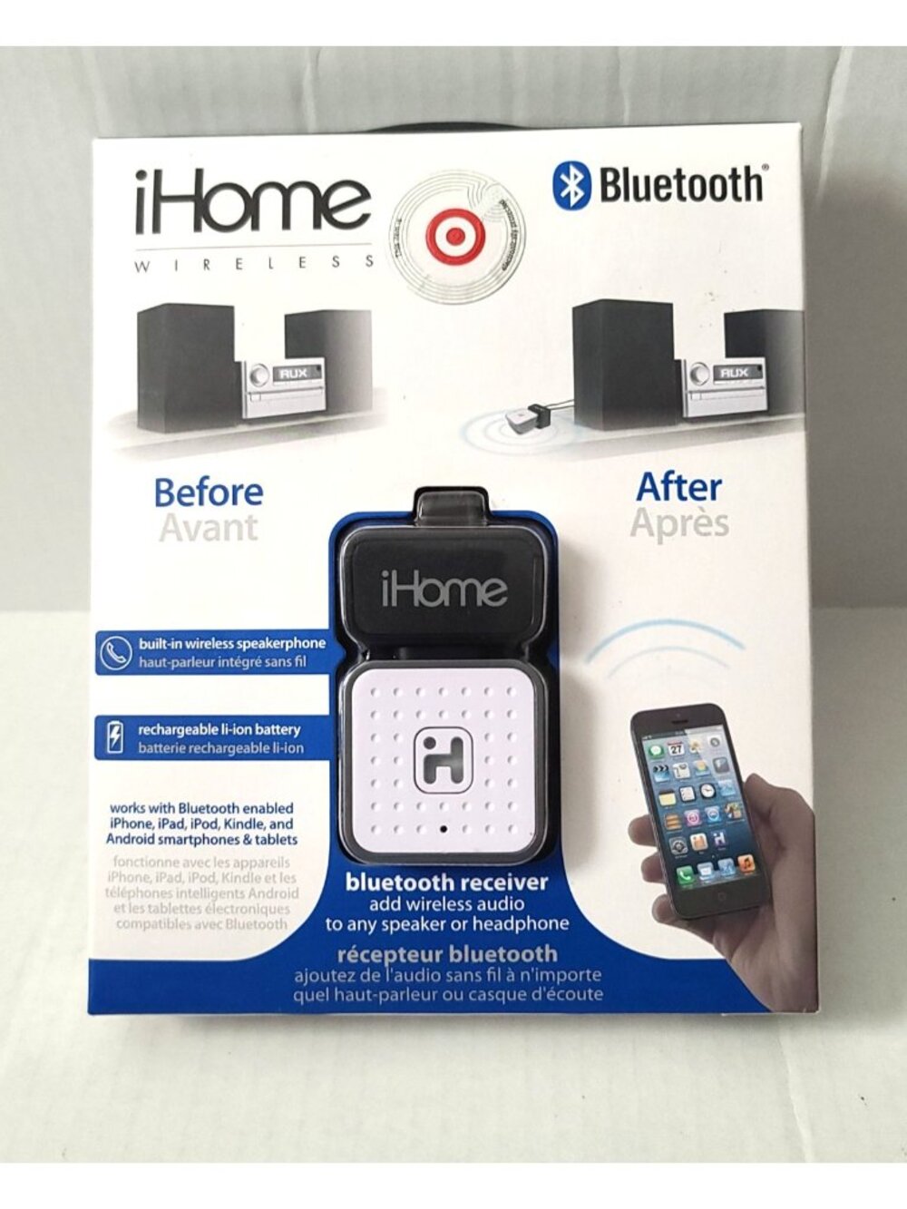 iHome Wireless Bluetooth Receiver W/ Built-in Speakerphone Rechargeable NEW
